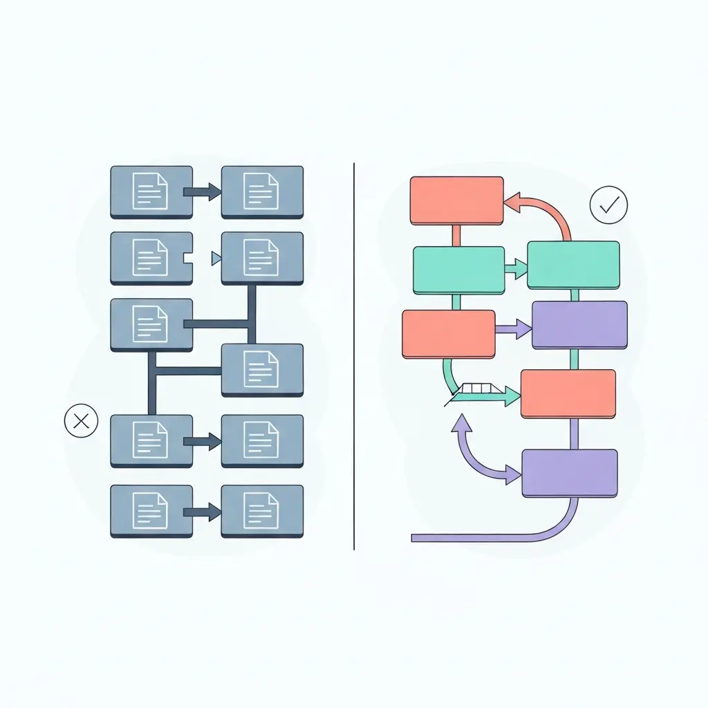 Contraste visual entre resumo sequencial desconectado e síntese crítica integrada na revisão de literatura