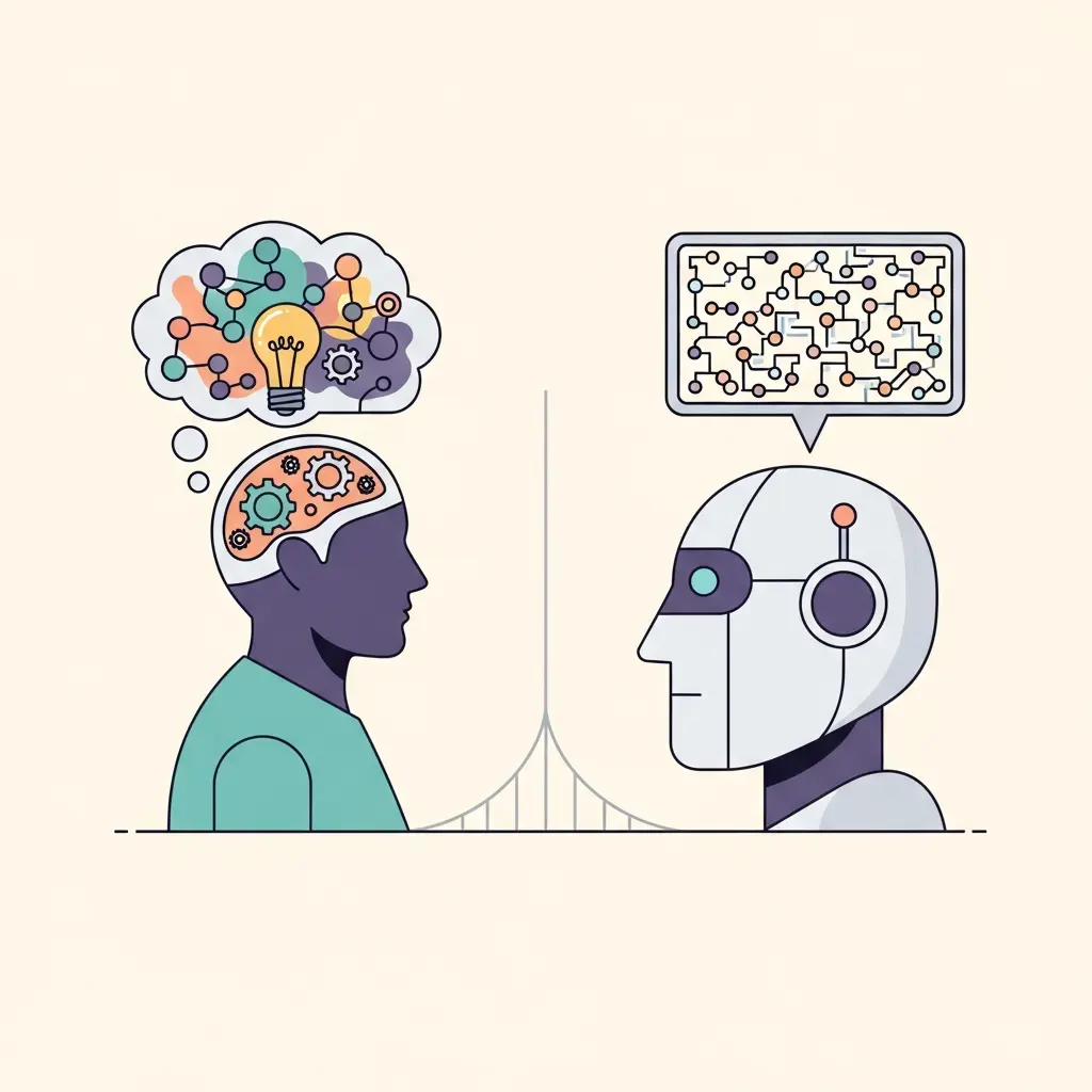 Comparação visual entre pensamento crítico humano e conteúdo gerado por IA