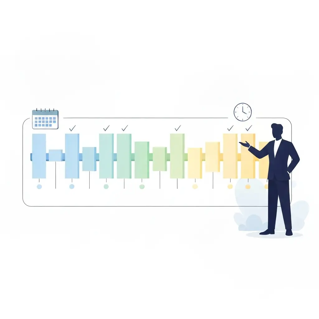 Ilustração de um cronograma de mestrado com fases organizadas e marcos de verificação
