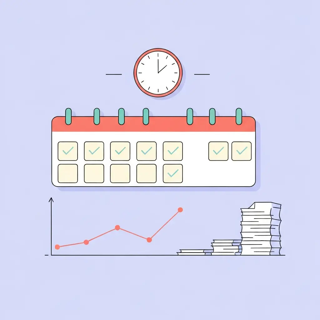 Ilustração de calendário com marcações diárias de progresso e gráfico ascendente representando hábitos consistentes de escrita
