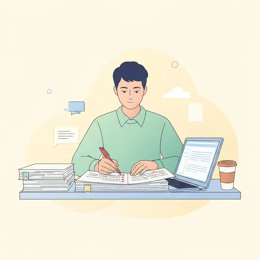 Estudante universitário a rever dissertação com caneta vermelha, fazendo correções no manuscrito académico