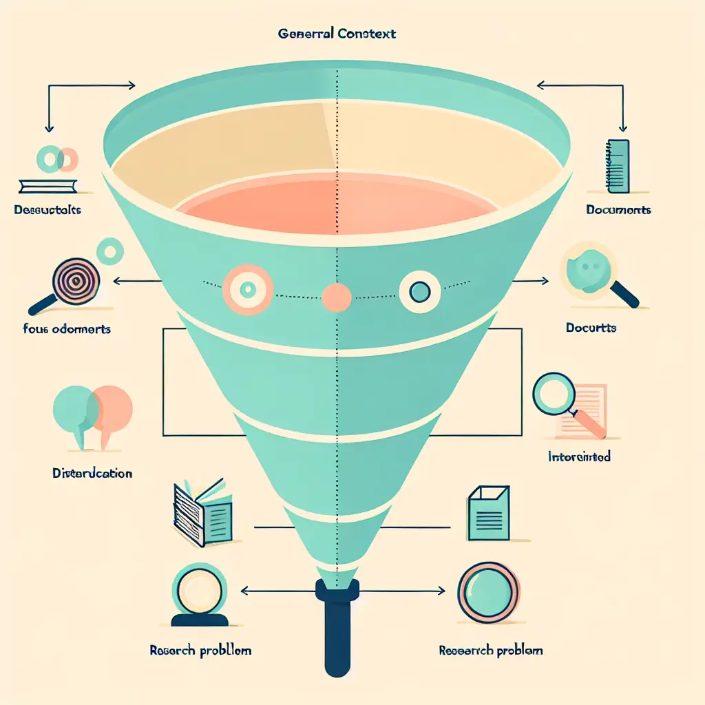 Diagrama em funil mostrando a estrutura de uma introdução de dissertação: do contexto geral ao problema específico de investigação