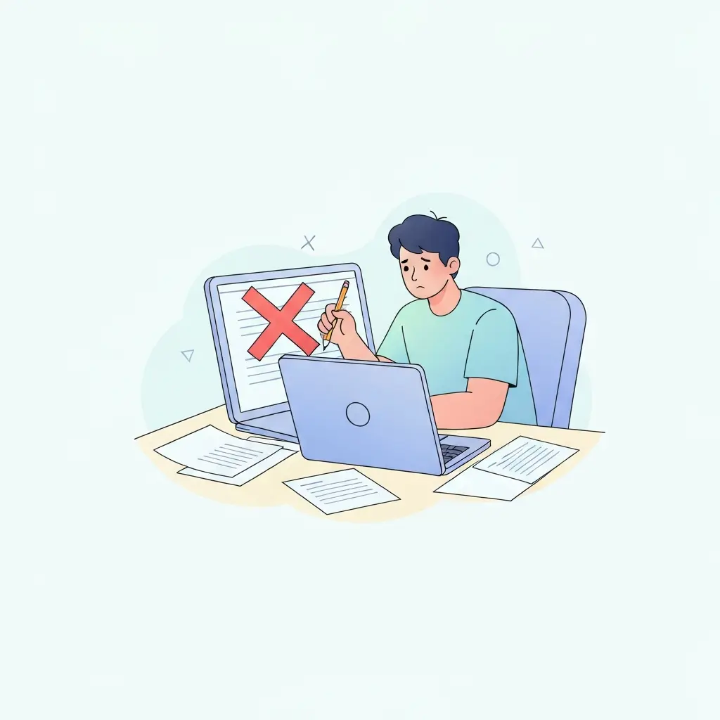 Estudante preocupado a rever dissertação no computador com marca de erro visível