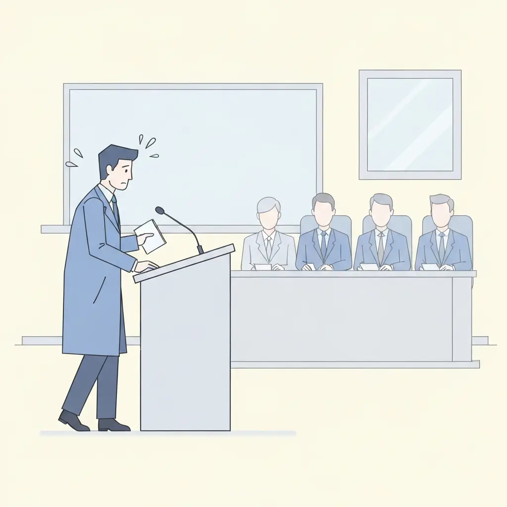 Doutorando nervoso diante do júri durante defesa de tese