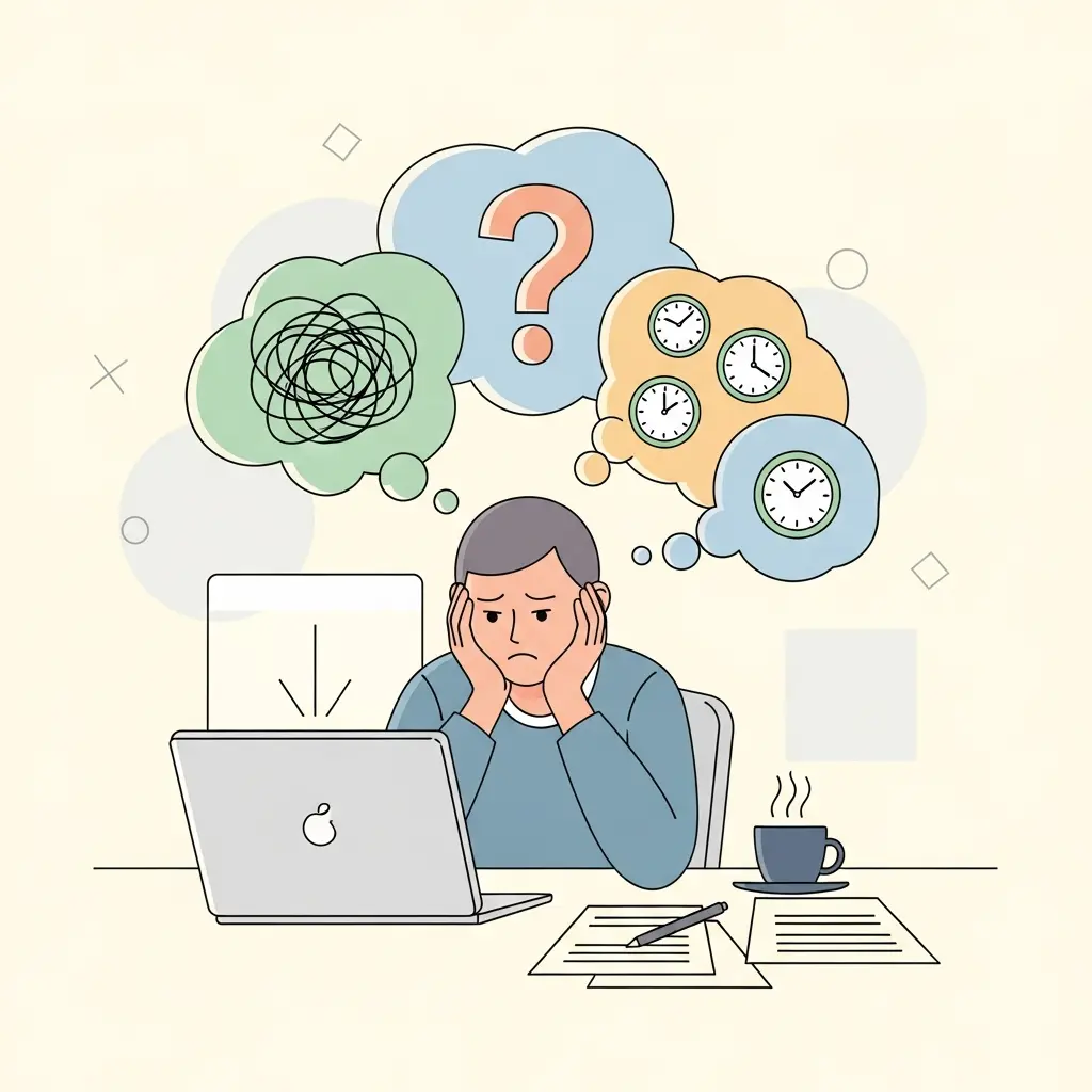 Ilustração de doutorando a experienciar bloqueio de escrita, sentado frente ao computador com expressão frustrada