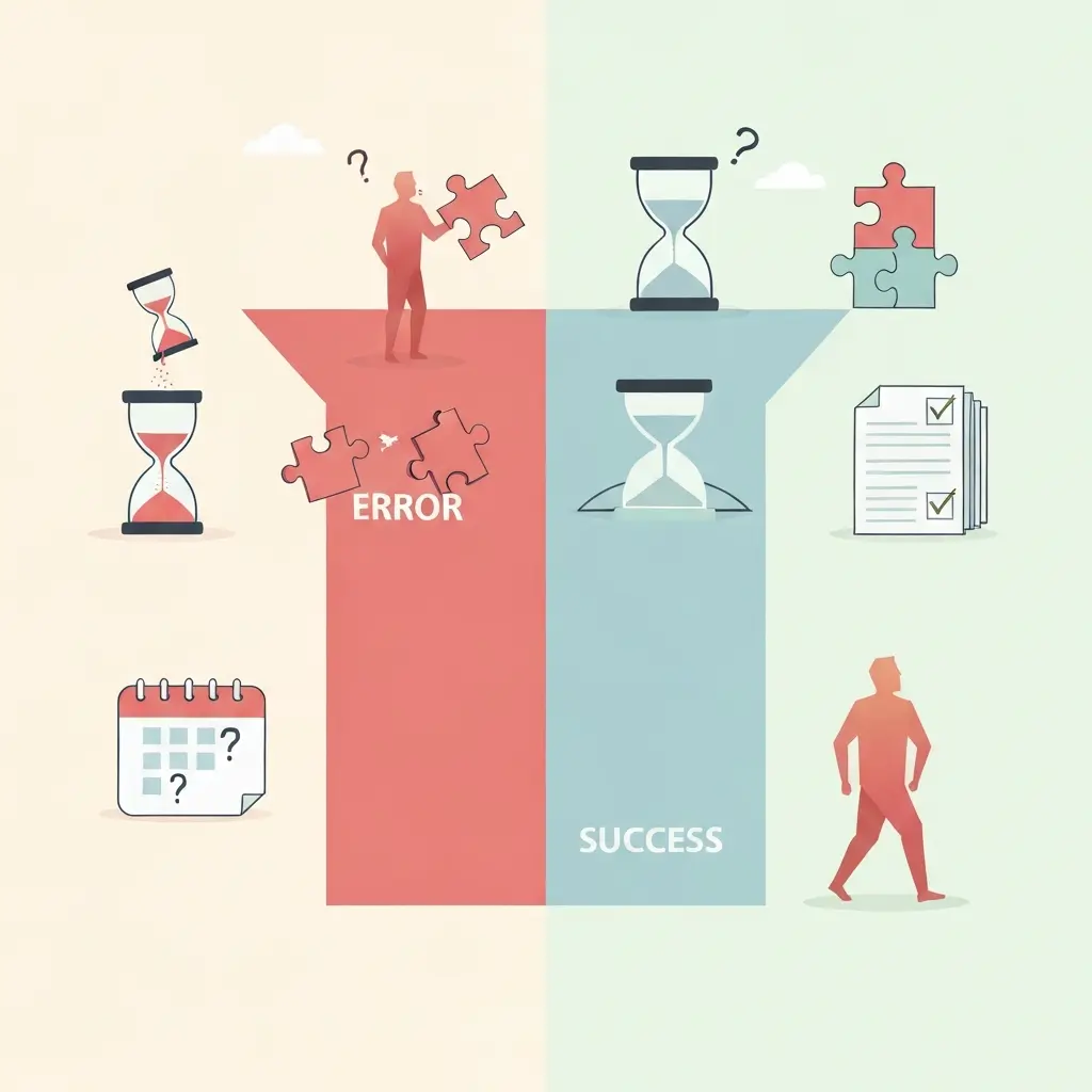 Metáfora visual dos erros comuns em planeamento académico — caminhos divergentes entre desorganização e sucesso