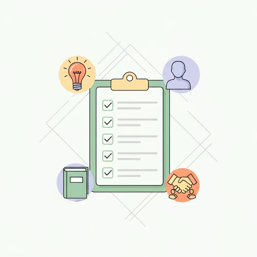 Ilustração de uma checklist com marcas de verificação, rodeada por símbolos de lâmpada, livro e colaboração, representando o uso ético de IA