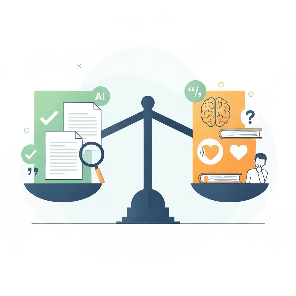 Ilustração mostrando a evolução da revisão académica: de papéis empilhados e canetas a computadores e ferramentas de IA