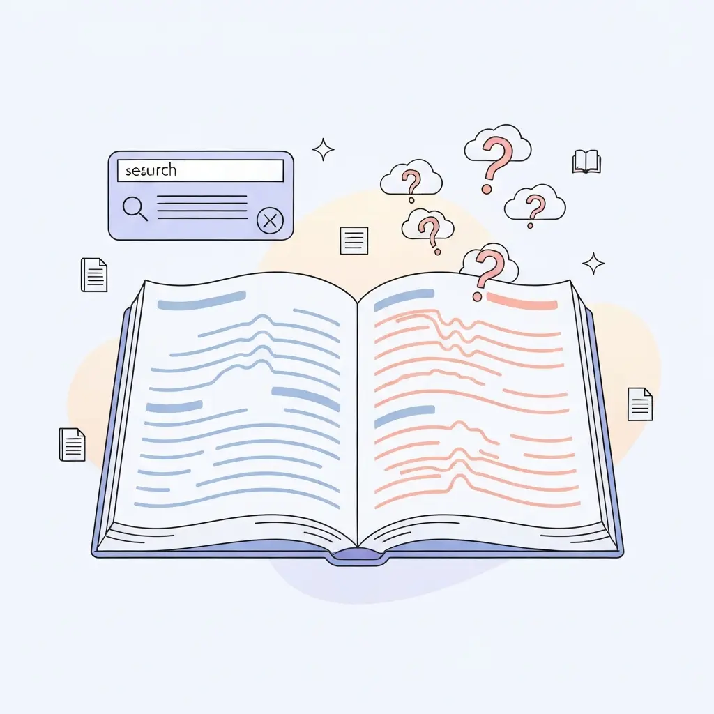 Ilustração conceptual de referências bibliográficas falsas geradas por IA, com linhas distorcidas e símbolos de interrogação representando fontes inexistentes