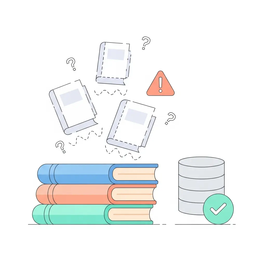 Ilustração do conceito de referências bibliográficas falsas geradas por IA, conhecidas como alucinações