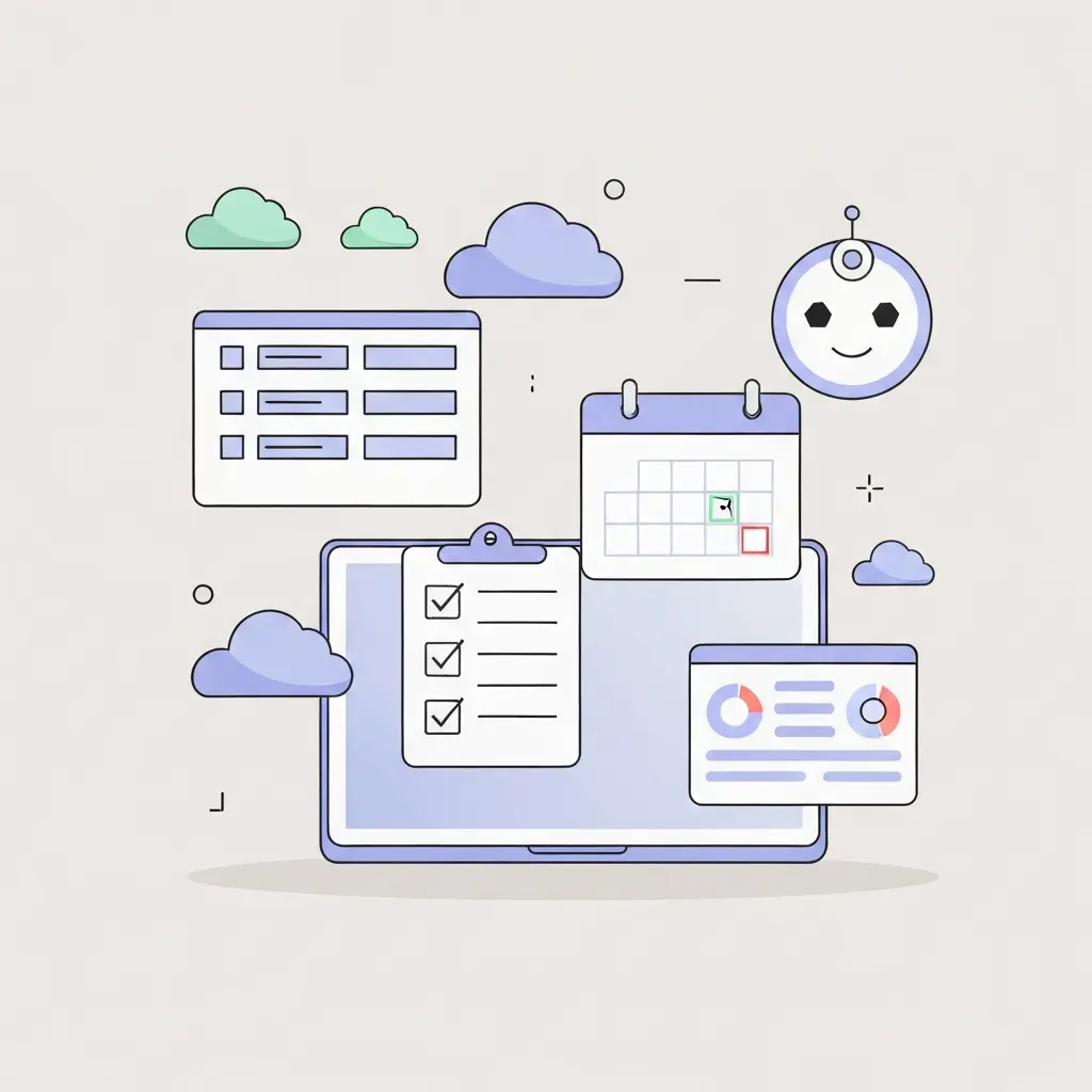 Ferramentas digitais modernas para planeamento académico — laptop com ícones de produtividade e assistente de IA