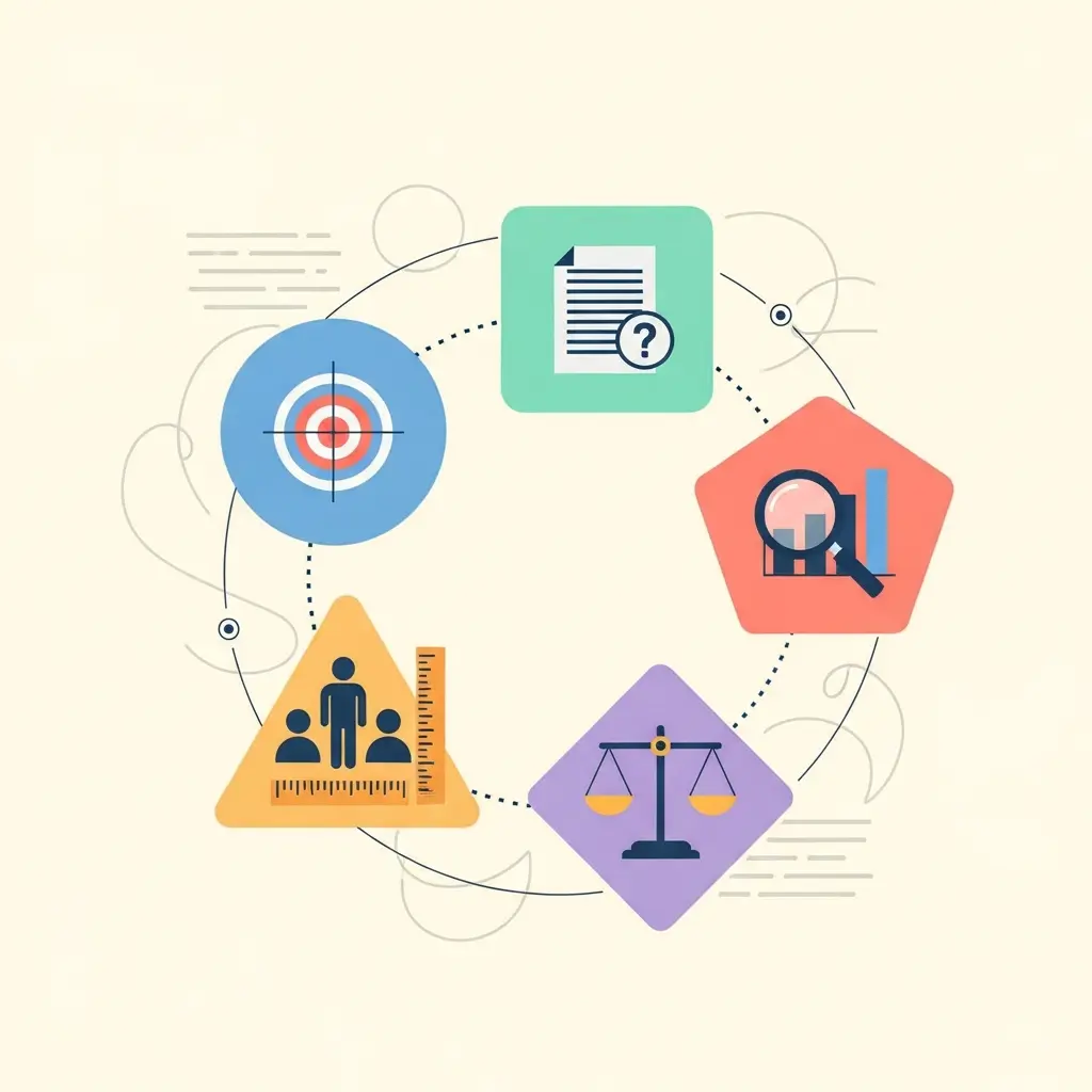 Diagrama das cinco dimensões avaliadas na metodologia de teses portuguesas: coerência, justificação, amostra, validade e análise de dados