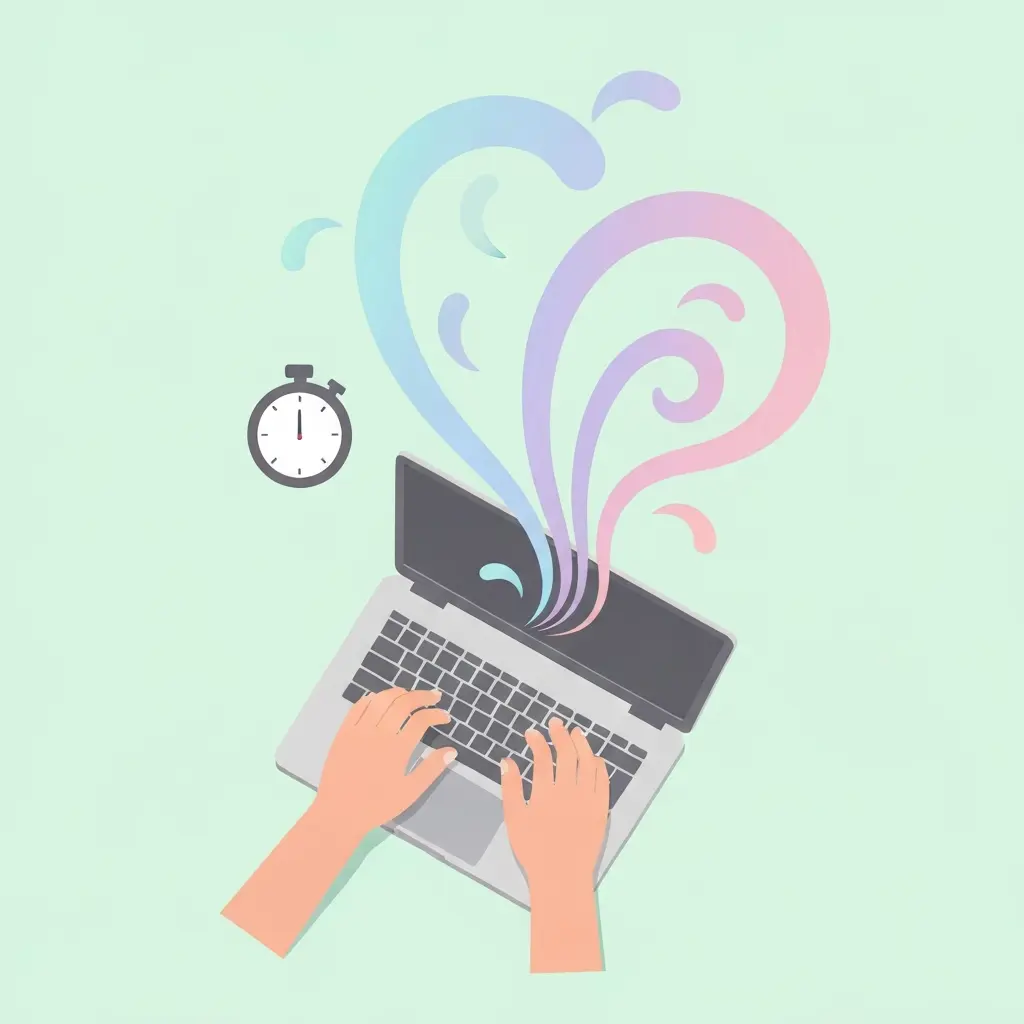 Mãos a digitar num laptop com linhas coloridas a fluir do ecrã, representando o fluxo livre de ideias na técnica de escrita livre