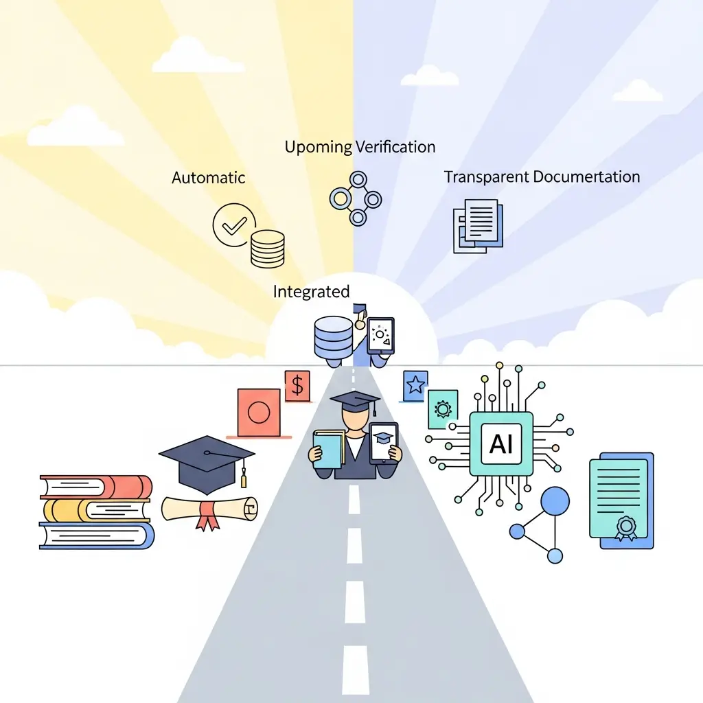 Ilustração do futuro da literacia em IA na academia, mostrando a convergência entre elementos tradicionais académicos e tecnologia moderna