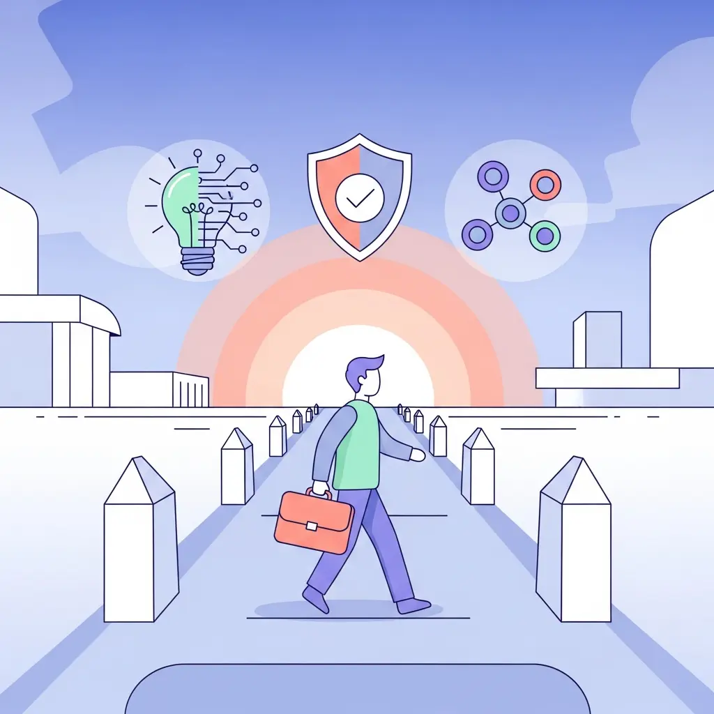 Futuro da IA na educação: caminho para o horizonte com marcos, estudante a caminhar, ícones de aprendizagem assistida por IA e escudo de verificação