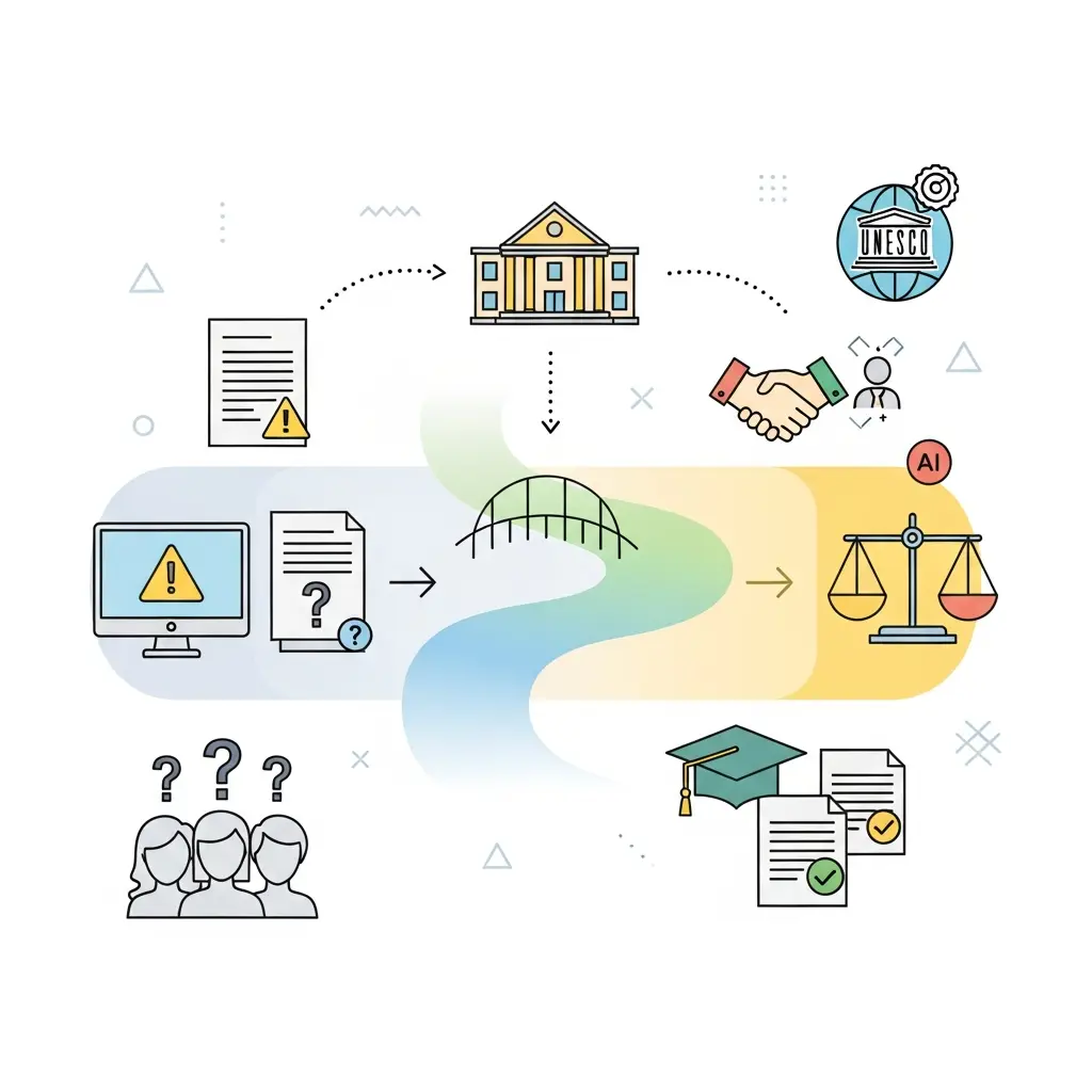 Representação visual do futuro da regulação de IA na educação, mostrando transição de incerteza para políticas claras