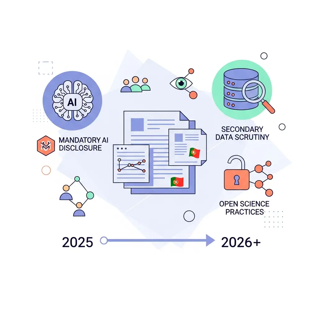 Ilustração do futuro da avaliação metodológica em Portugal para 2026: declaração de IA, escrutínio de dados secundários e ciência aberta
