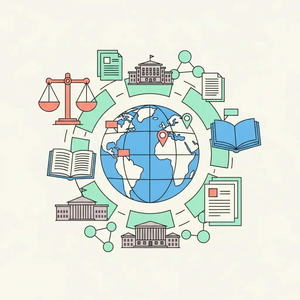 Ilustração de padrões académicos globais: globo terrestre rodeado por ícones de documentos, instituições universitárias e símbolos de integridade académica