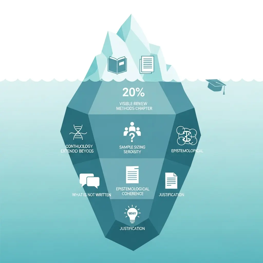 Metáfora do iceberg ilustrando as verdades ocultas na avaliação metodológica: apenas 20% visível, 80% escondido sob a superfície