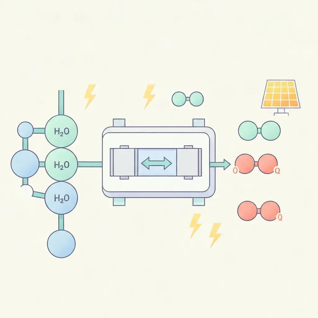 Diagrama simplificado de um sistema de eletrolisador de hidrogénio com entrada de água e saída de H2 e O2