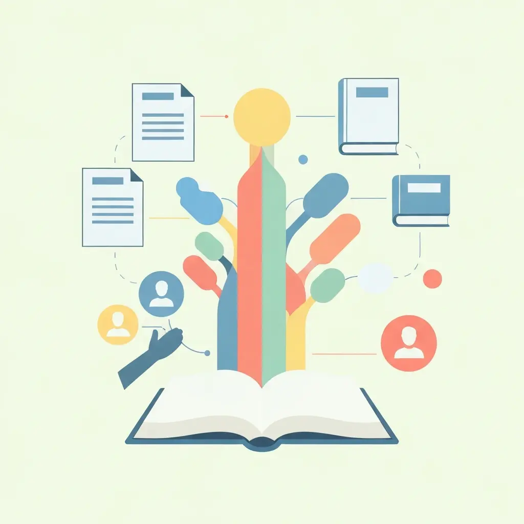 Conceito visual de revisão de literatura académica mostrando síntese de múltiplas fontes