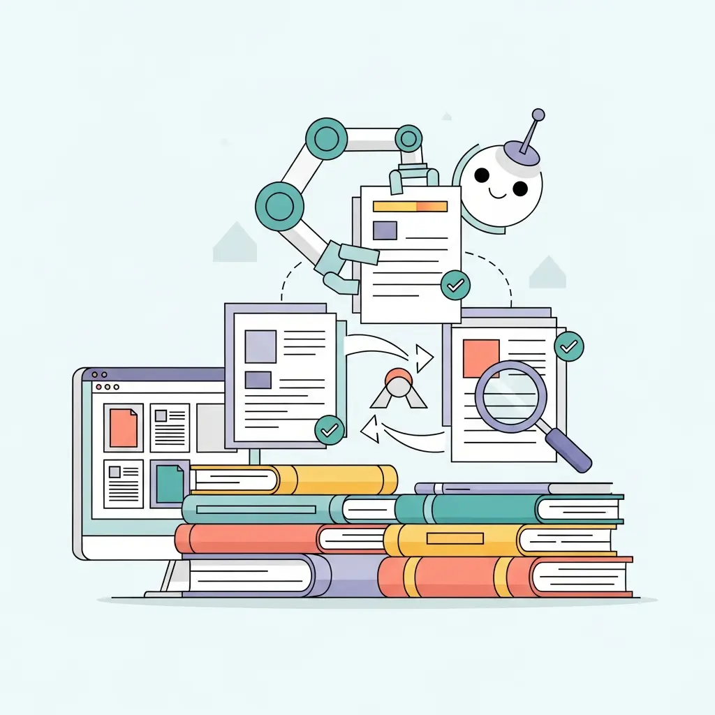 Ilustração de revisão bibliográfica assistida por IA organizando fontes académicas