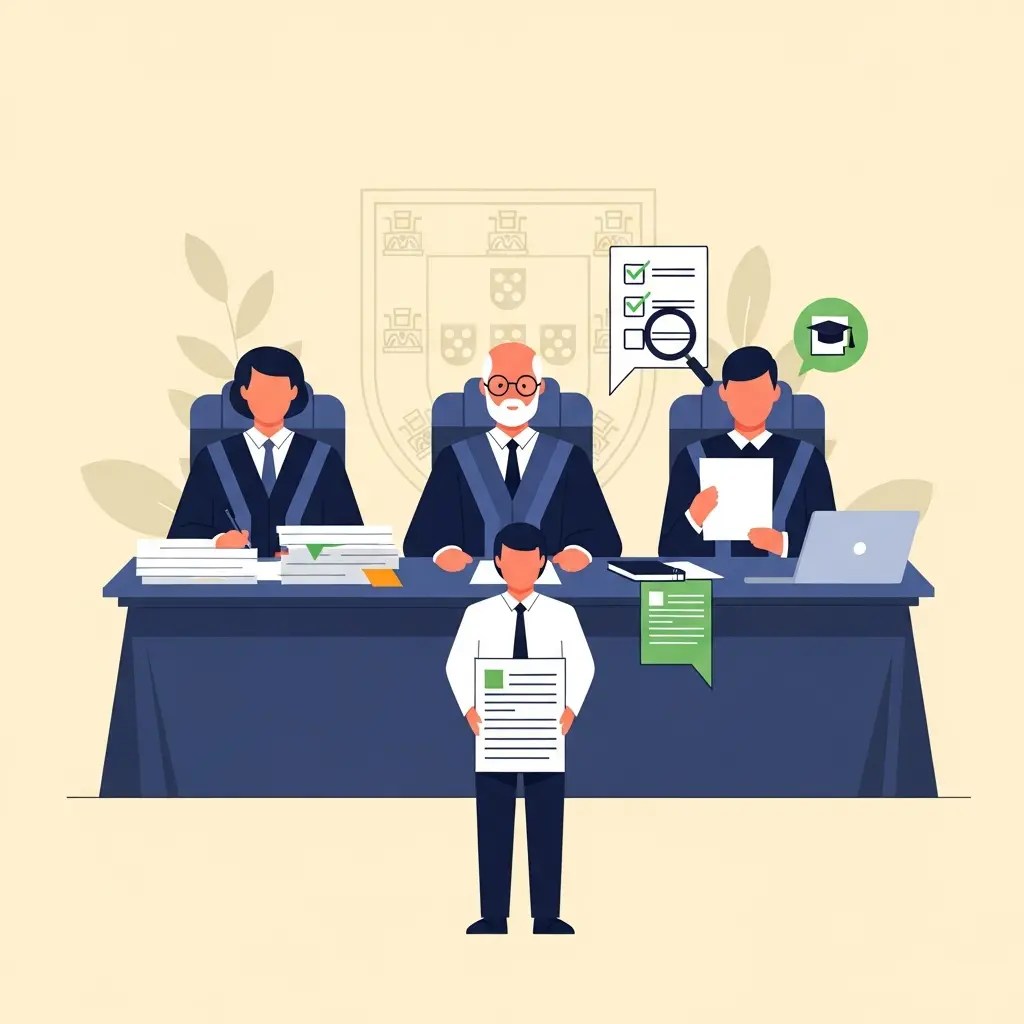 Ilustração de uma banca de avaliação de tese numa universidade portuguesa, com três examinadores e um estudante a apresentar a dissertação