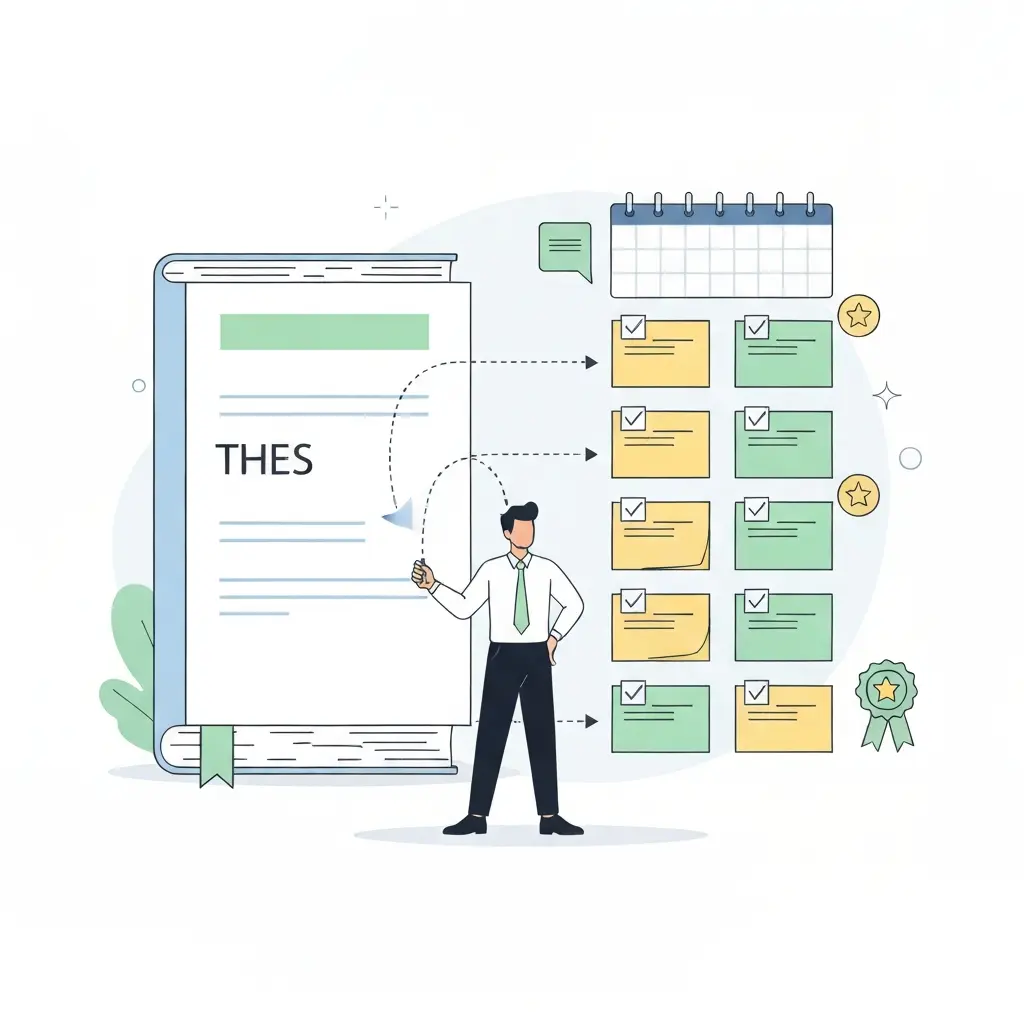 Ilustração mostrando a divisão de uma tese grande em pequenas tarefas semanais organizadas num calendário