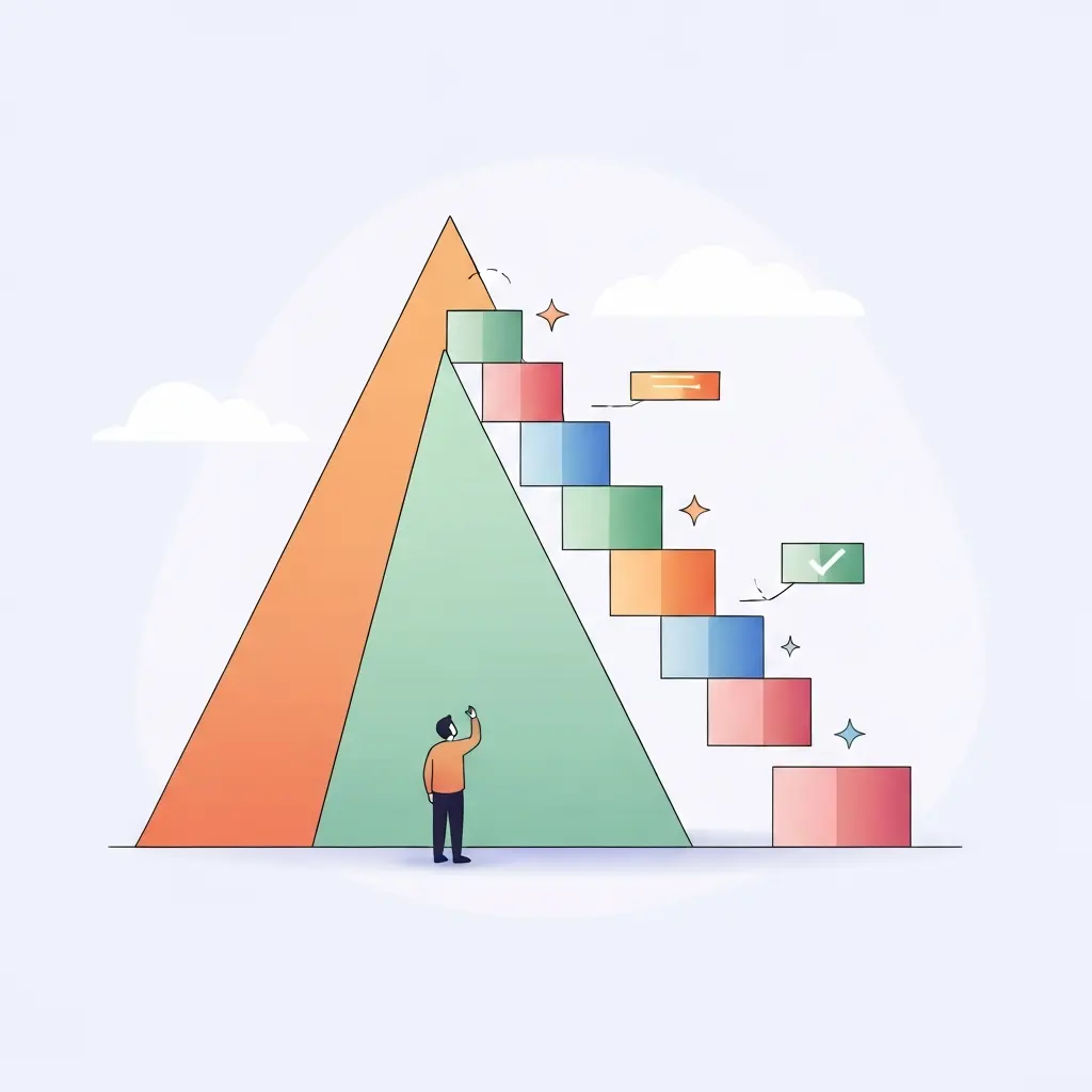 Montanha dividida em pequenos blocos coloridos representando micro-objectivos alcançáveis