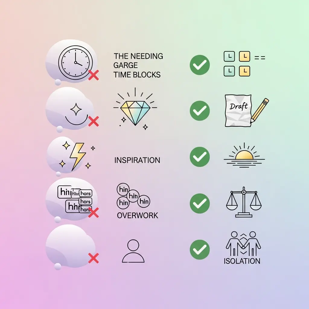 Ilustração mostrando mitos académicos sendo desconstruídos com símbolos de crenças falsas riscadas e alternativas saudáveis destacadas
