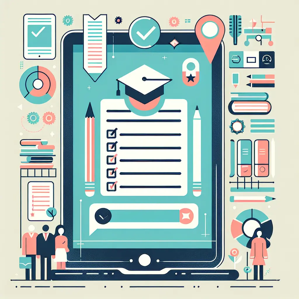 Ilustração de um questionário online académico com elementos de formulário digital e símbolos educacionais