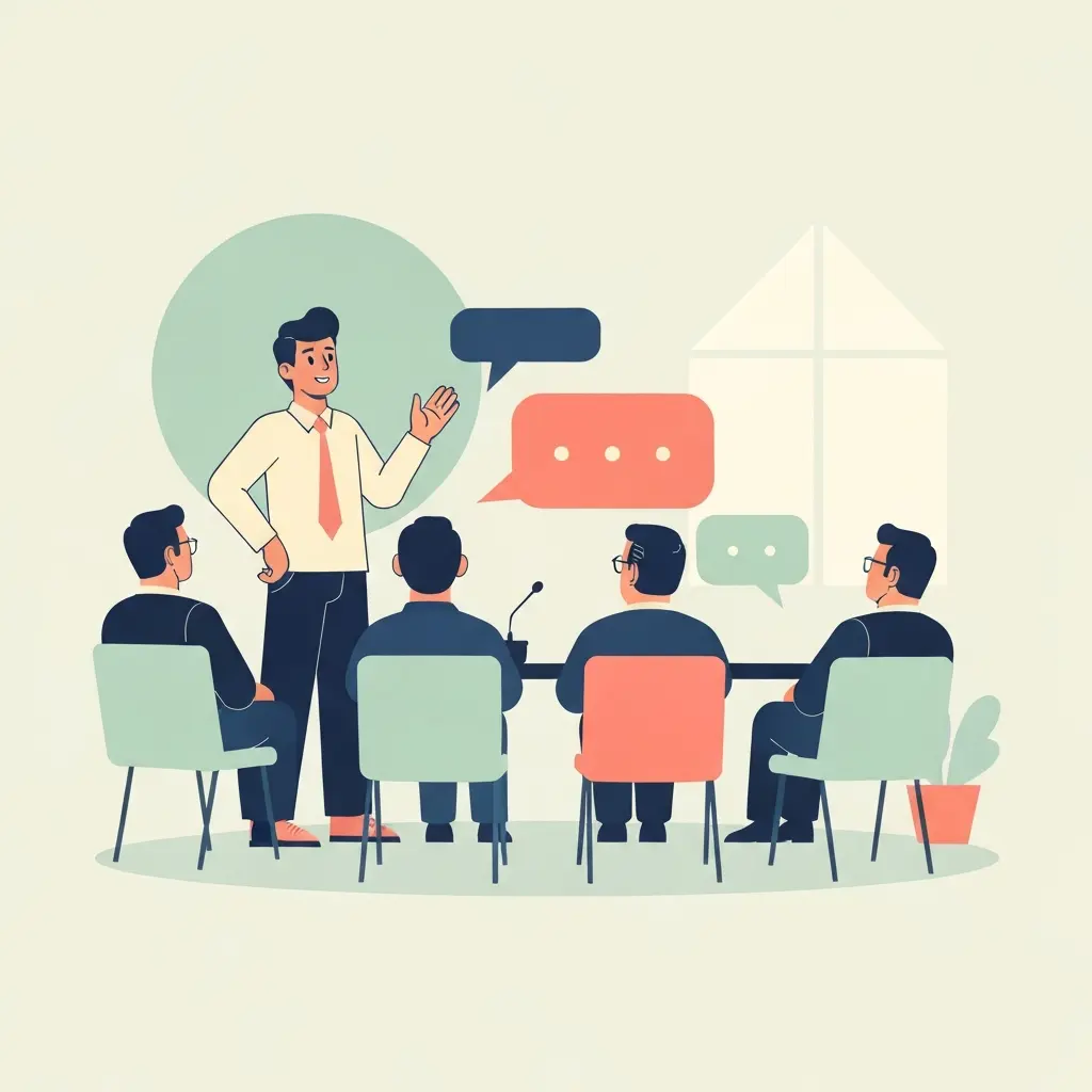 Estudante confiante a defender a sua tese perante o júri académico