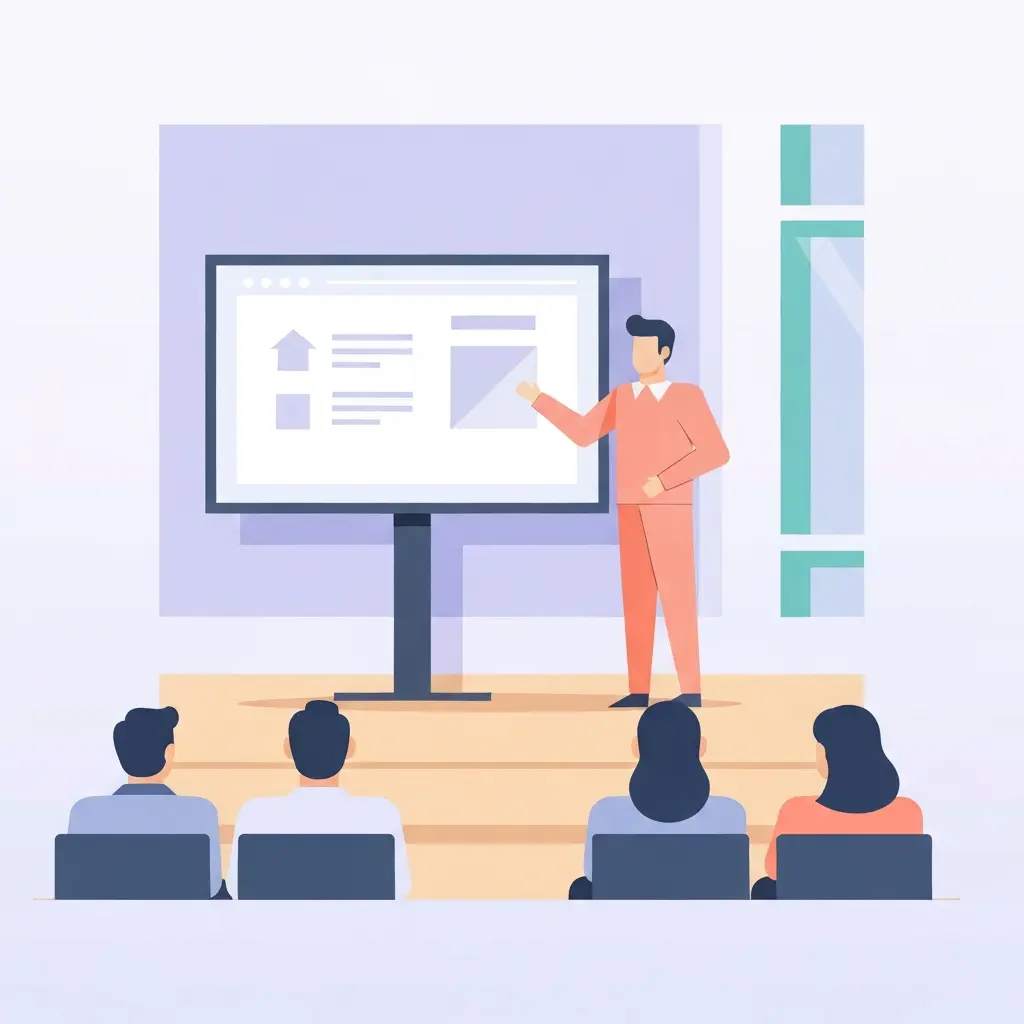 Apresentador confiante a fazer apresentação para audiência académica