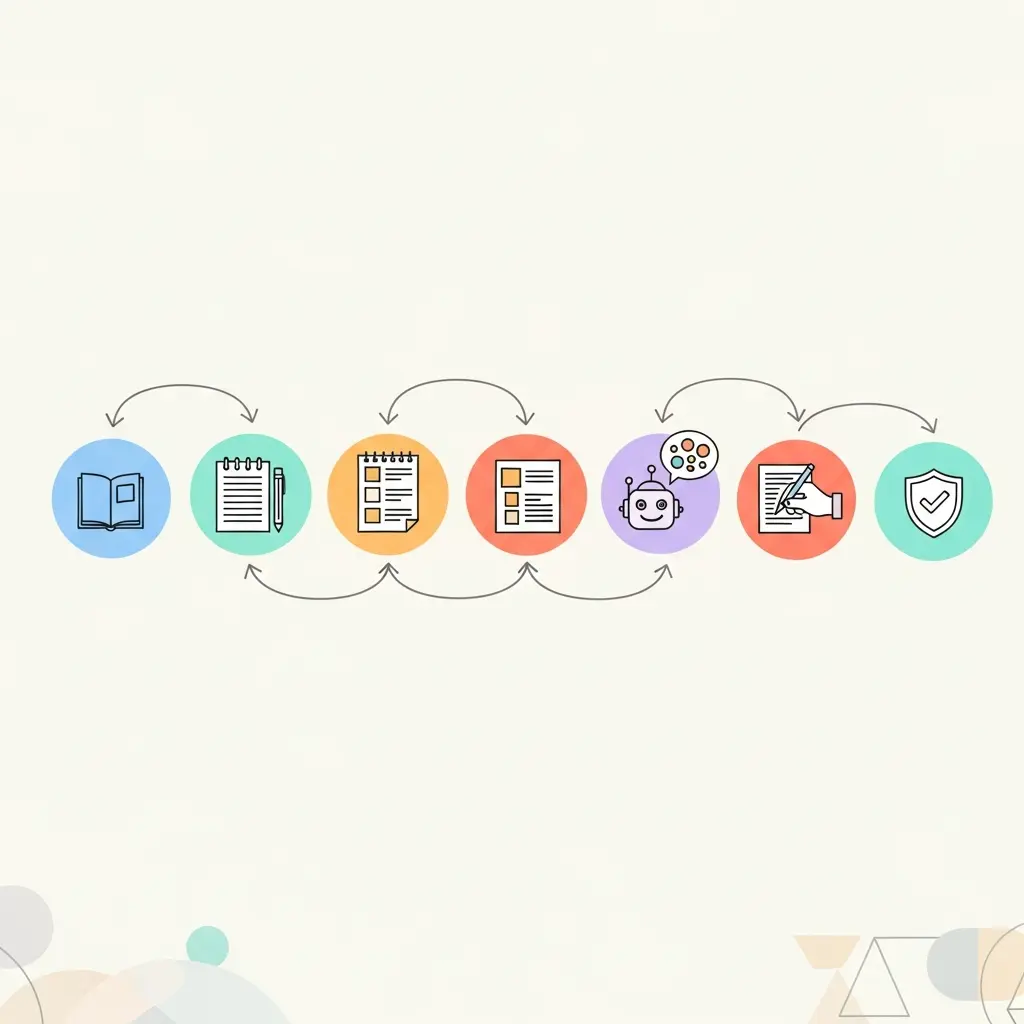 Diagrama de fluxo de trabalho com nós conectados representando as fases de pesquisa, notas, estrutura, brainstorm com IA, reescrita humana e verificação