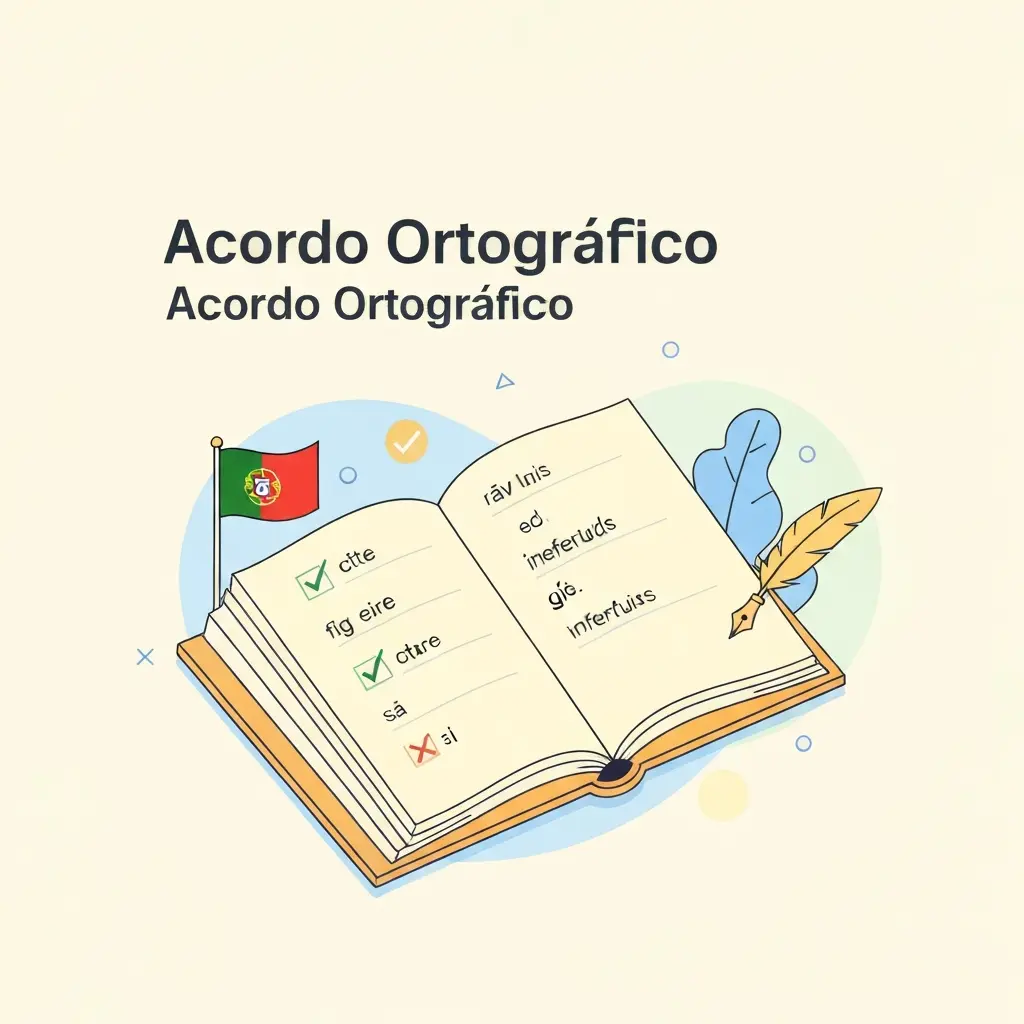 Ilustração representando o Acordo Ortográfico de 1990 com livro aberto e símbolos de regras linguísticas