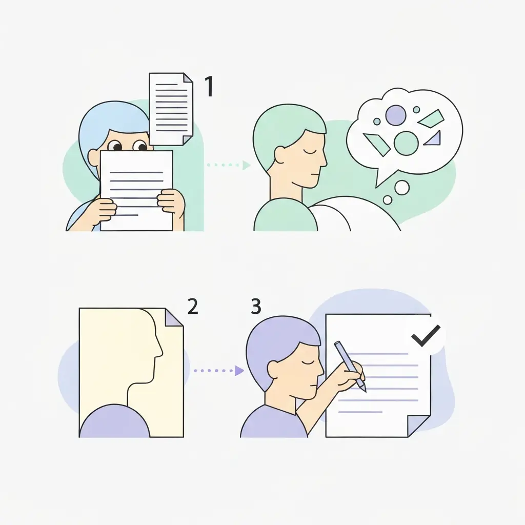 Ilustração do método de três passos para parafrasear: compreender, afastar-se do texto e reescrever