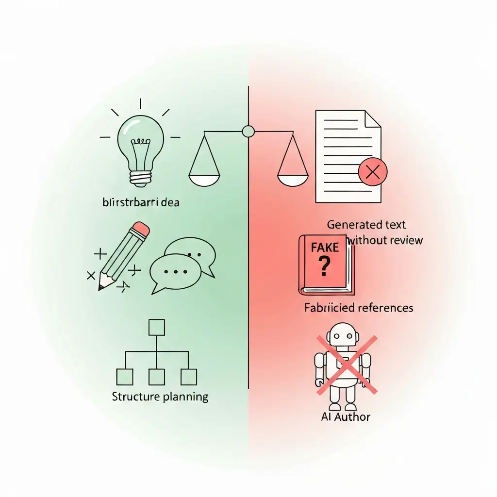 Infográfico a ilustrar usos permitidos versus proibidos de IA em trabalhos académicos