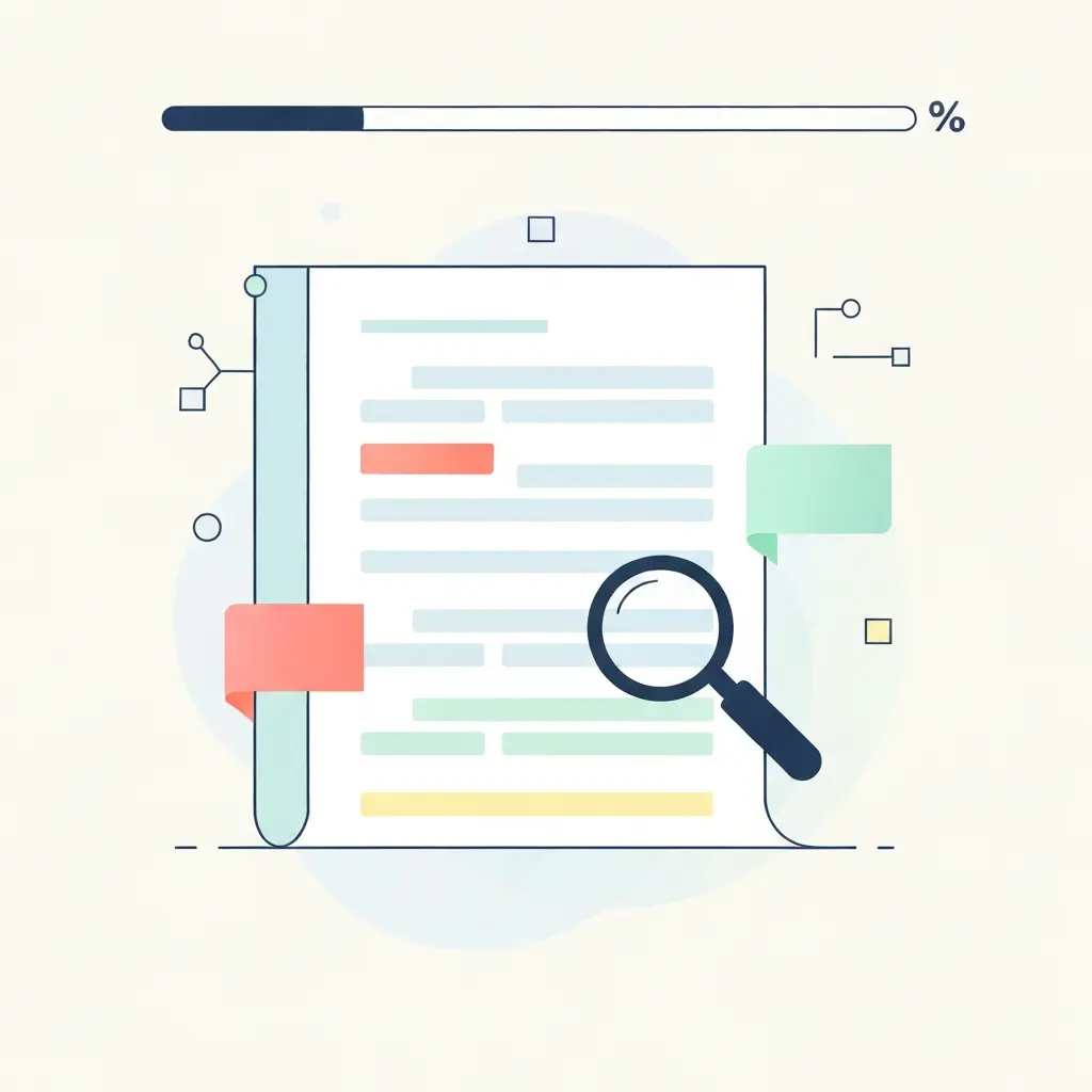 Ilustração de um relatório de deteção de plágio académico com indicadores de análise