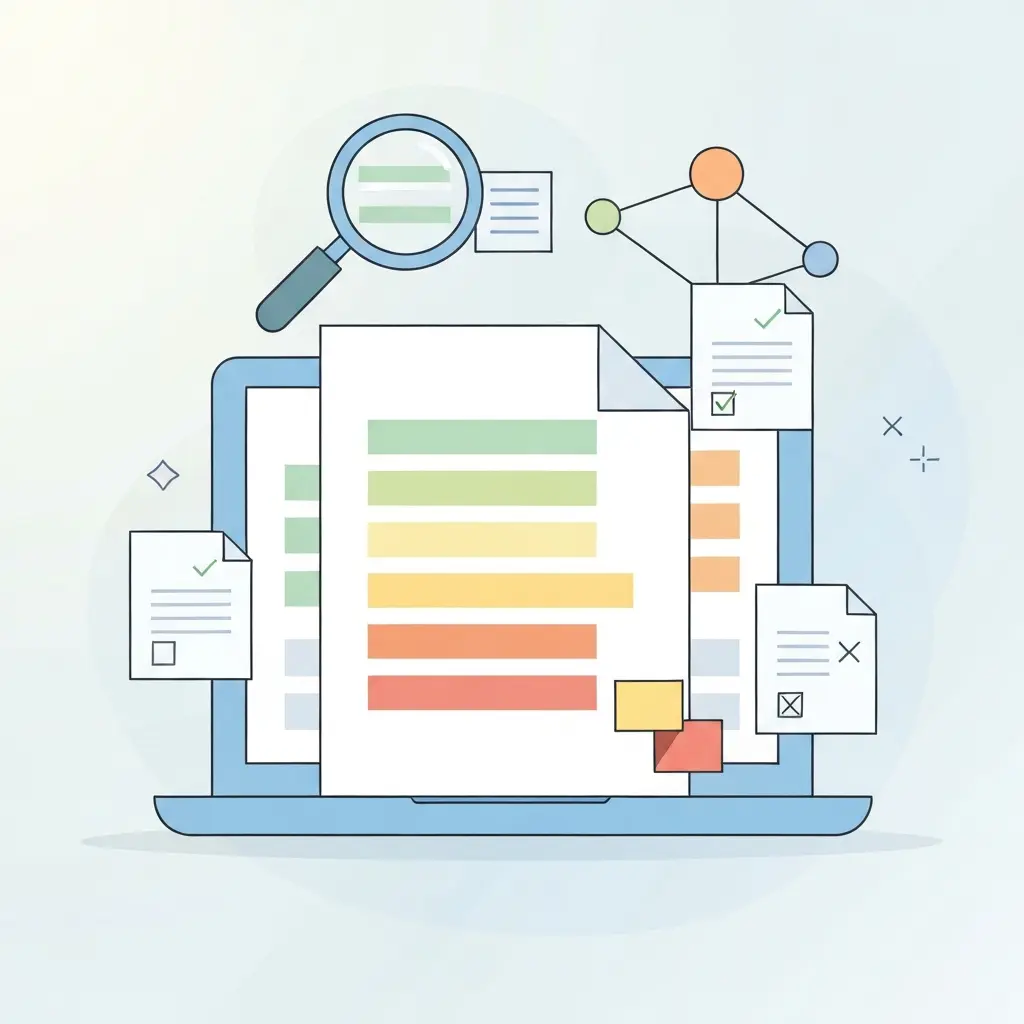 Ilustração de software de deteção de plágio a analisar um documento com secções destacadas em cores diferentes