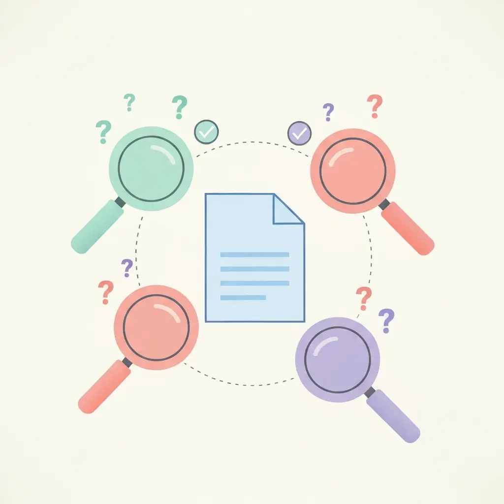 Ilustração mostrando diferentes ferramentas de deteção de plágio a examinar o mesmo documento com resultados variados