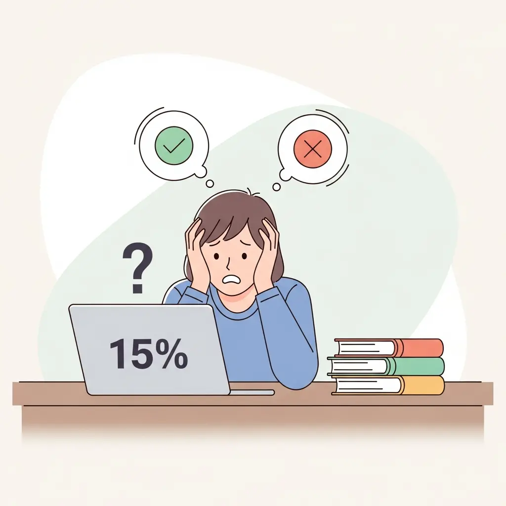 Estudante confuso a olhar para o ecrã do portátil com percentagem de similaridade e símbolos de aprovação e reprovação