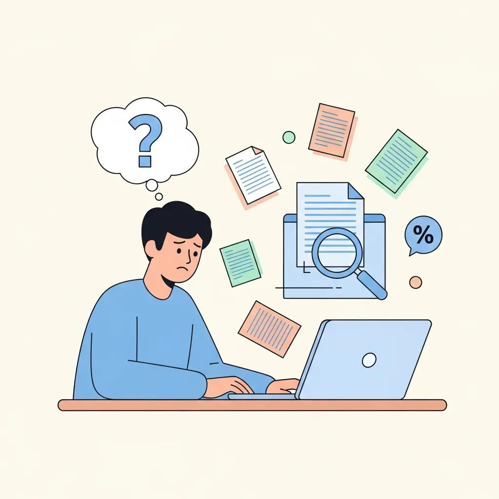 Estudante universitário confuso a olhar para o ecrã do portátil com um verificador de plágio