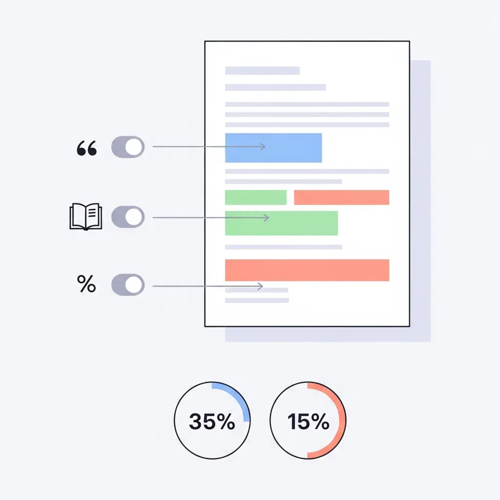 Interface de relatório de plágio com filtros para citações, bibliografia e correspondências pequenas