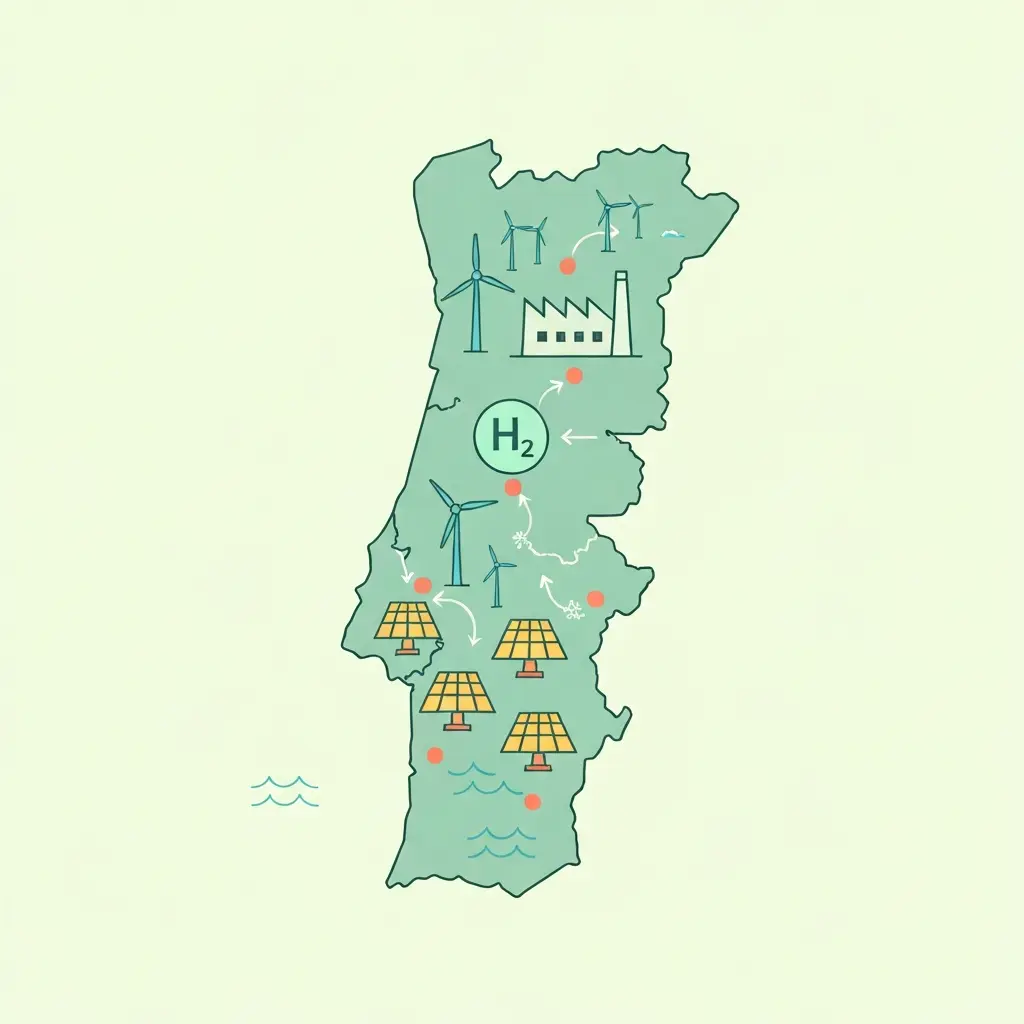 Mapa de Portugal com distribuição de fontes de energia renovável e centros de produção de hidrogénio