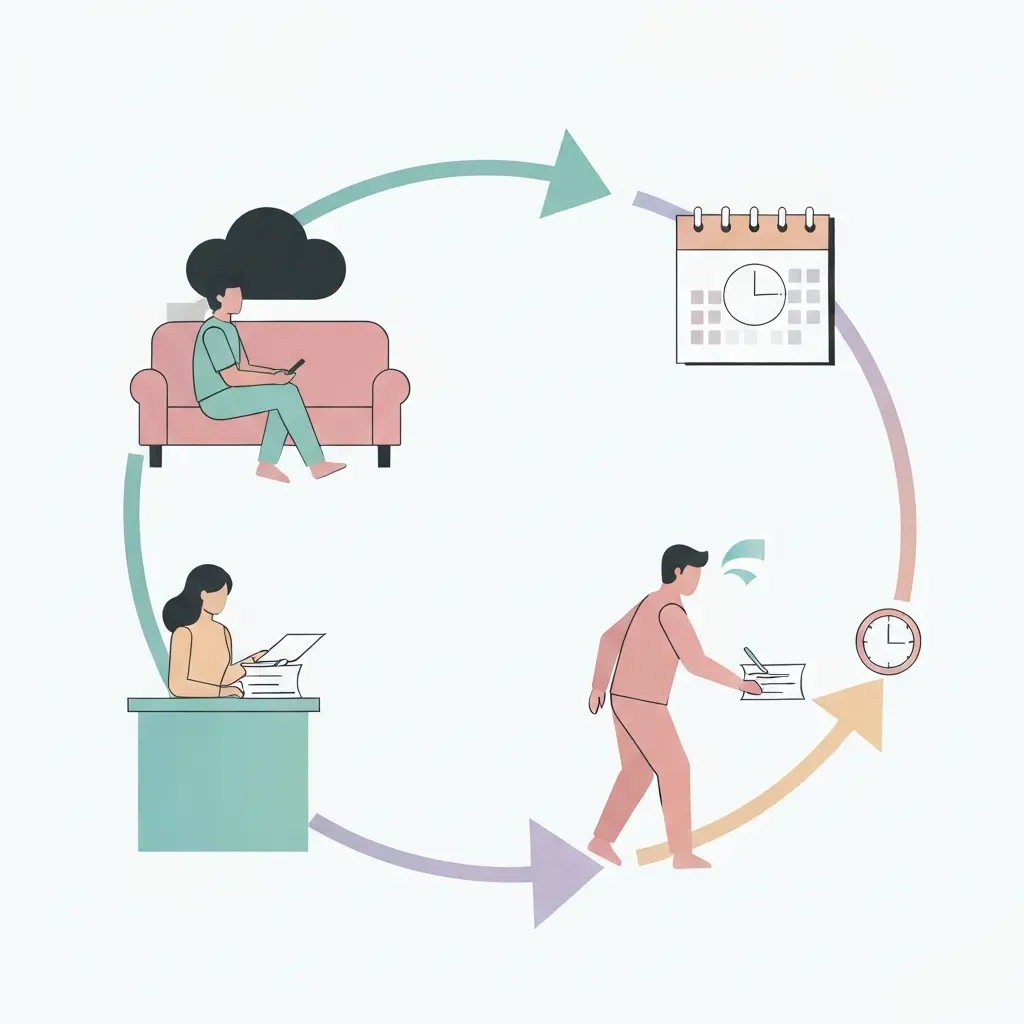 Diagrama circular ilustrando o ciclo vicioso da procrastinação: adiar, culpa, evitar, mais atraso