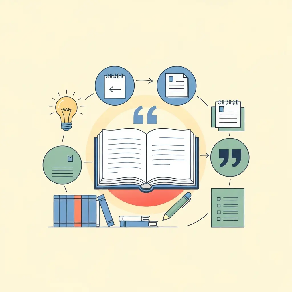 Ilustração de técnicas de citação académica com livros, aspas e lista de referências