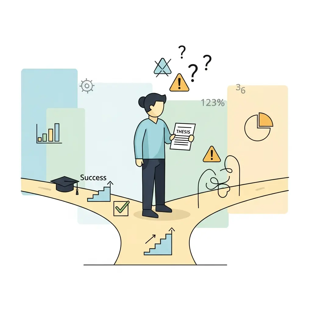 Estudante universitário numa encruzilhada metodológica, representando os desafios da investigação quantitativa