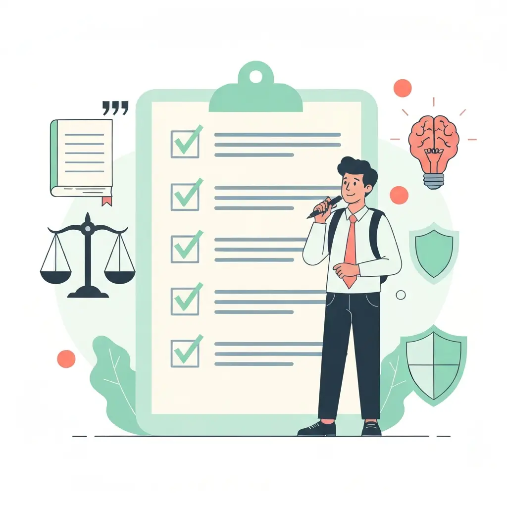 Ilustração de checklist de boas práticas para uso seguro e ético de IA em trabalhos académicos