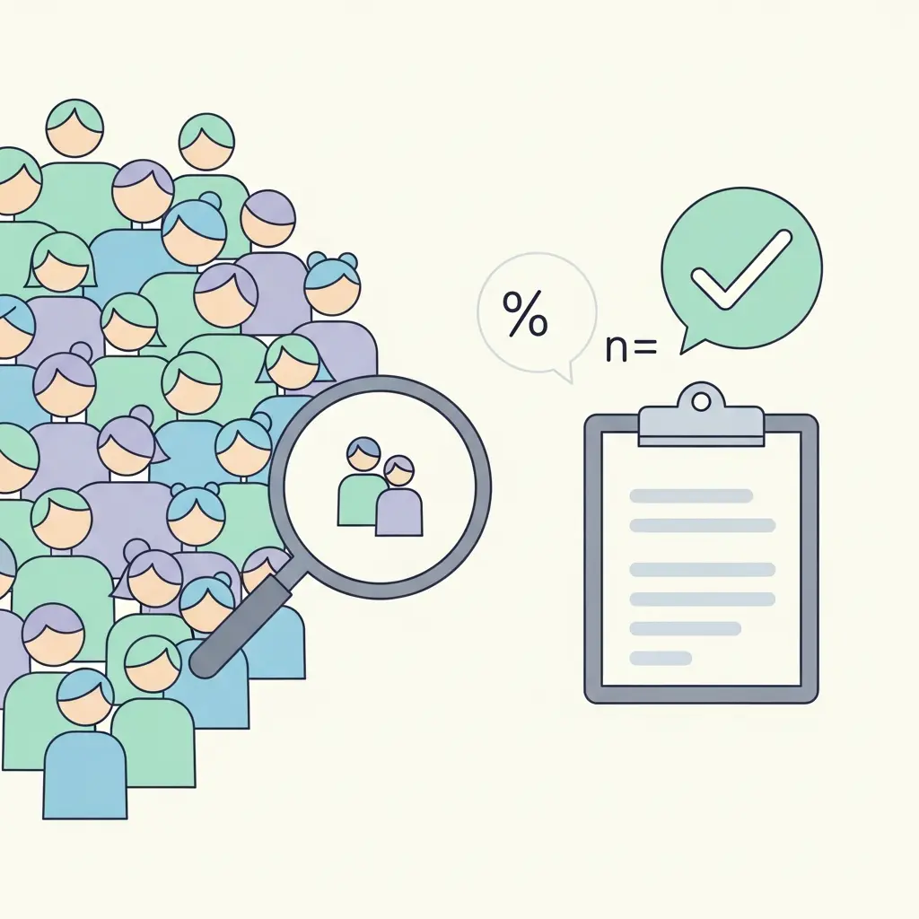 Ilustração do conceito de cálculo de tamanho de amostra: população representada por figuras humanas com uma lupa destacando o subconjunto amostral