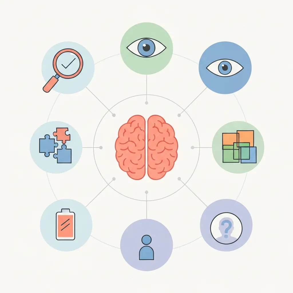 Mapa mental ilustrando as sete causas do bloqueio de escritor: perfeccionismo, medo de julgamento, falta de clareza, sobrecarga cognitiva, isolamento, burnout e síndrome do impostor
